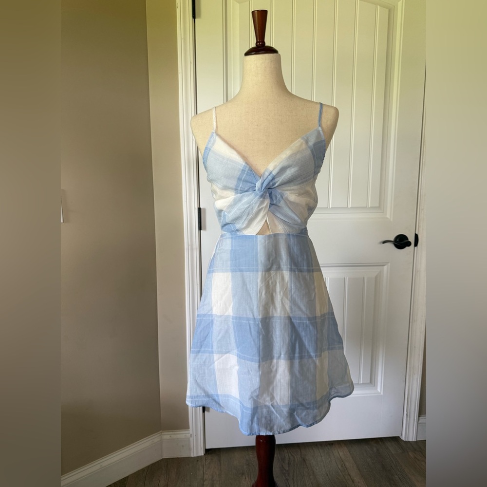 Light Blue & White Gingham Tie-Front Mini Dress